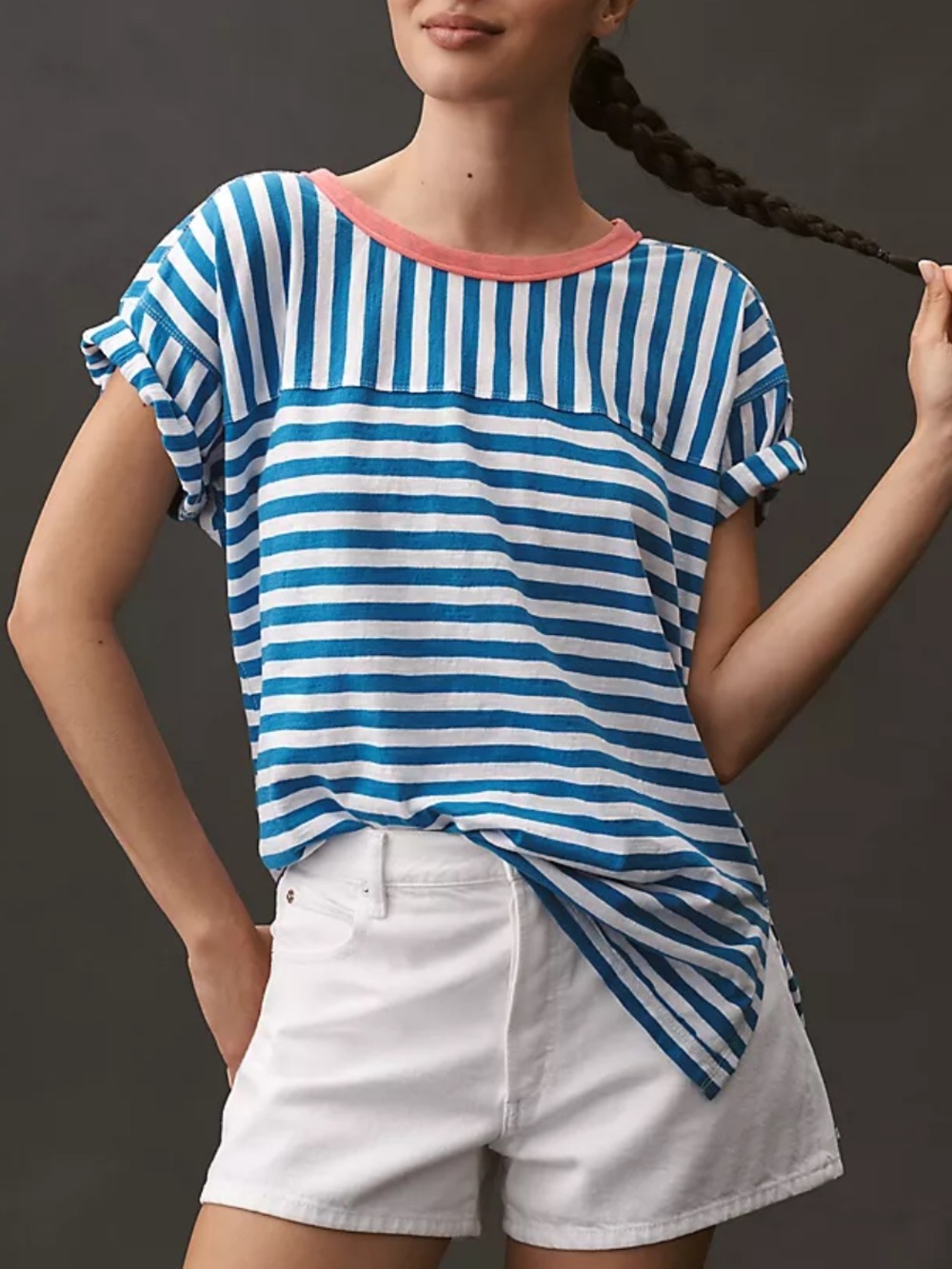 Anthropologie Pilcro “Jordyn” Cotton Slub Striped Tee Blue White Pink, Relaxed S